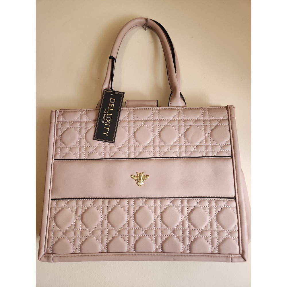 Deluxity Los Angeles Quilted Bee Tote Bag Blush Pink Faux Leather Handbag